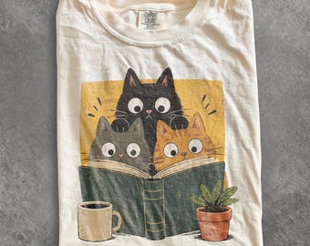 Retro Curious Reading Cats Graphic Tee, Book Lover Cat Shirt, Cozy Cottagecore Vintage Top, Comfort Colors® Reader Gift Tee