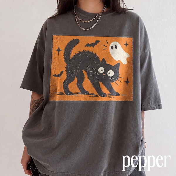 Spooked Black Cat Ghost Halloween Shirt, Vintage Orange Bat Graphic Tee, Retro Block Print Night Sweatshirt, Comfort Colors® Autumn Gift