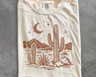 Classic Desert Night Cactus Graphic Tee, Moonlit Southwest Landscape Shirt, Rustic Western Nature Top, Comfort Colors® Cactus Gift Tee