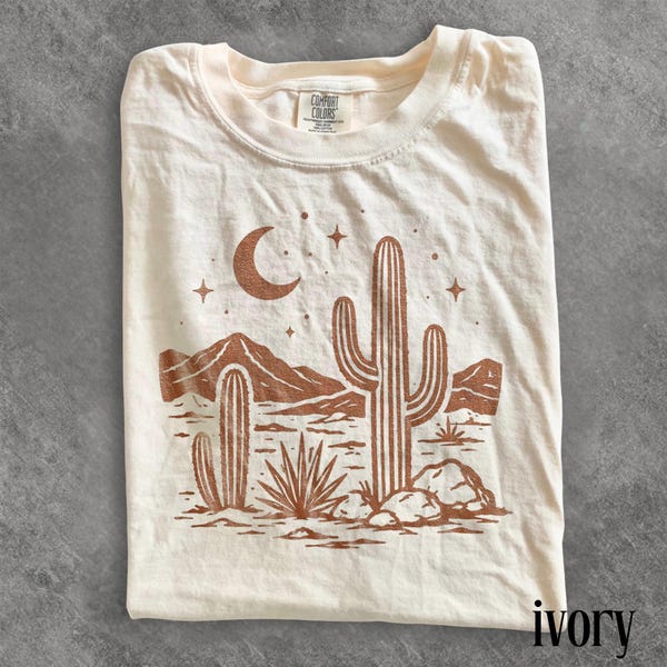 Classic Desert Night Cactus Graphic Tee, Moonlit Southwest Landscape Shirt, Rustic Western Nature Top, Comfort Colors® Cactus Gift Tee