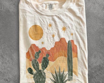 Southwest Desert Cactus Sunset Graphic Tee, Rustic Western Landscape Shirt, Arizona Nature Adventure Top, Comfort Colors® Gift Tee