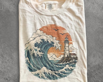 Retro havsvågsgrafik-tröja, kustnära fyrstrandskjorta, vintage nautisk topp i kuststil, Comfort Colors® grafisk tröja, present