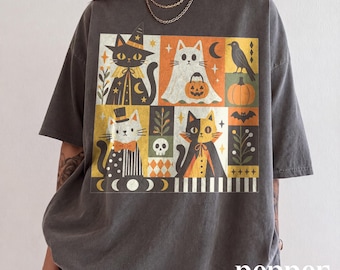Costume Cats Grid Halloween Shirt, Witch Ghost Vampire Graphic Tee, Retro Block Collage Sweatshirt, Comfort Colors® Autumn Gift