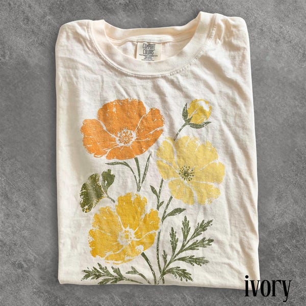 Vintage California Poppy Graphic Tee, Wildflower Botanical Nature Shirt, Rustic Cottagecore Retro Style Top, Comfort Colors® Floral Gift Tee