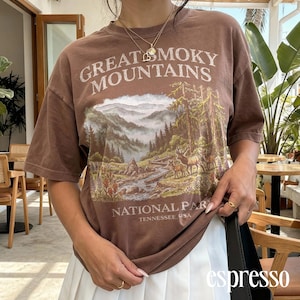 May include: Brown t-shirt with a graphic of the Great Smoky Mountains National Park. The design features a mountain landscape with trees, a river, and deer. The text "GREAT SMOKY MOUNTAINS NATIONAL PARK TENNESSEE, USA" is printed on the shirt.