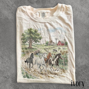 Vintage Running Horses Graphic Tee, Farm Countryside Animal Shirt, Rustic Western Nature Style Top, Comfort Colors® Horse Lover Gift Tee