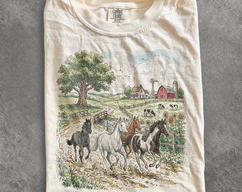 Vintage Running Horses Graphic Tee, Farm Countryside Animal Shirt, Rustic Western Nature Style Top, Comfort Colors® Horse Lover Gift Tee