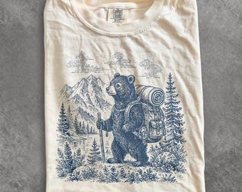 Vintage Hiking Bear Graphic Tee, Woodland Adventure Camping Shirt, Nature Lover Outdoor Top, Comfort Colors® Wildlife Gift