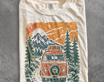 Adventure Camper Van Mountain Graphic Tee, Retro Camping Road Trip Shirt, Outdoor Nature Travel Top, Comfort Colors® Gift Tee