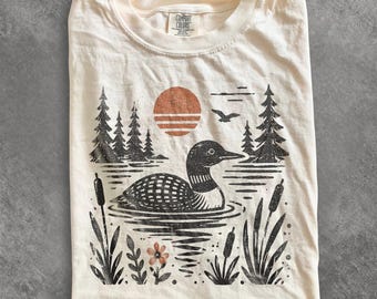 Old School Loon Lake Graphic Tee, Wildlife Nature Bird Shirt, Rustic Outdoor Vintage Style Top, Comfort Colors® Wildlife Gift Tee