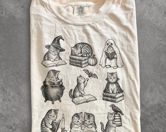 Spooky Season Reading Cats Tee, Witch Cat Book Lover Shirt, Comfort Colors® Retro Halloween Tee, Halloween Cat Shirt, Cat Lover Gift