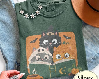 Comfort Colors® Halloween Witch Cat Shirt, Spooky Season Book Lover Tee, Retro Spooky Cat Graphic Tee, Halloween Cat Shirt, Cat Mom Gift