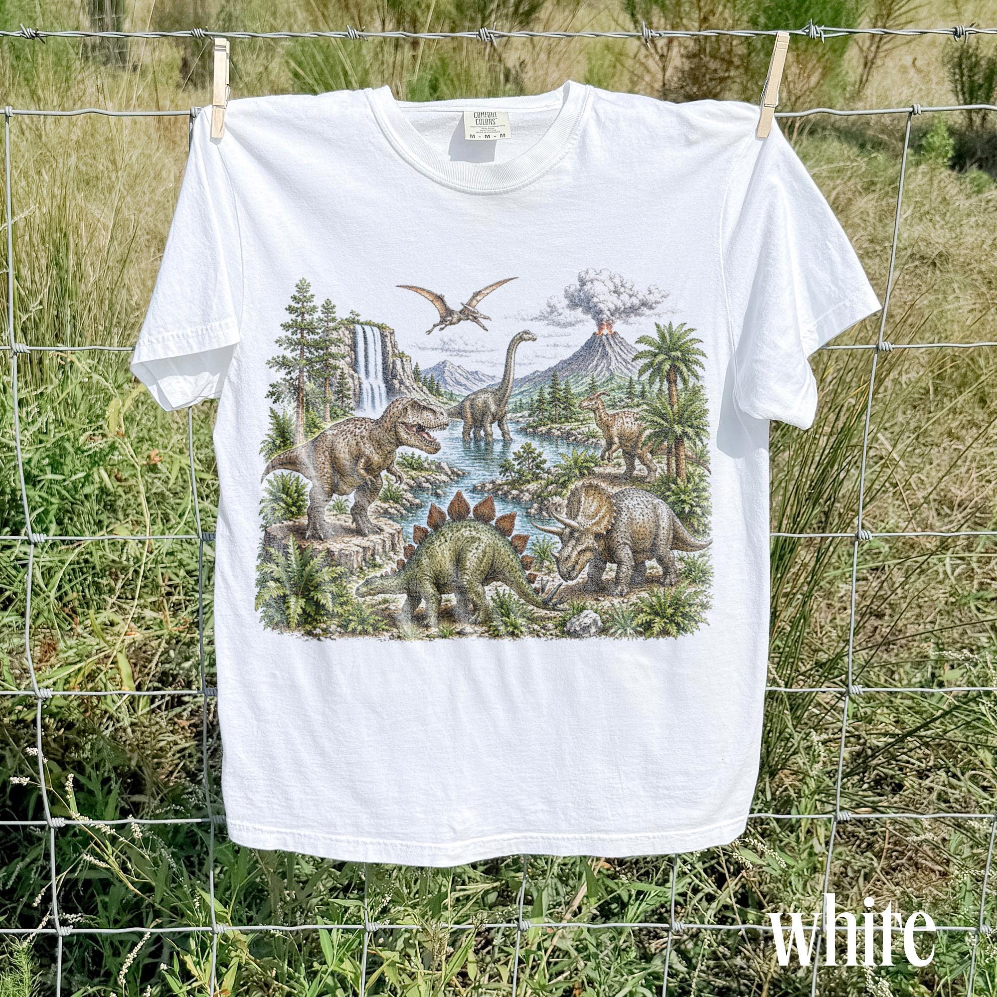 Vintage Dinosaur Landscape Graphic Tee, Jurassic Era T Rex Shirt