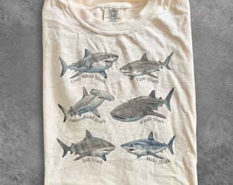 Retro Shark Species Graphic Shirt Gift, Shark Lover Ocean Animal Tee, Y2K Coastal Nature Style Top, Comfort Colors® Wildlife Gift Tee