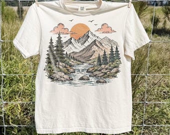 Vintage Mountain River Graphic Tee, Forest Landscape Nature Shirt, Rustic Outdoor Hiking Adventure Top, Comfort Colors® Wilderness Gift Tee
