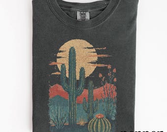 Retro Saguaro Cactus Graphic Tee, Desert Sunset Western Landscape Shirt, Rustic Southwest Top, Comfort Colors® Nature Gift Tee