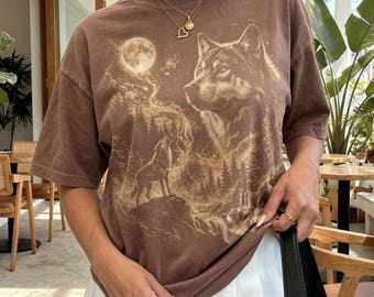 Vintage Mystic Wolf Moon Graphic Tee, Forest Night Wildlife Shirt, Dark Fantasy Nature Style Top, Comfort Colors® Animal Gift Tee