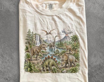 Vintage Dinosaur Landscape Graphic Tee, Jurassic Era T Rex Shirt, Prehistoric Nature Retro Style Top, Comfort Colors® Dino Gift Tee