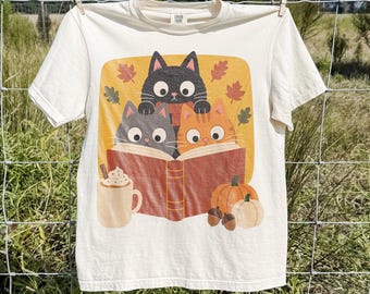 Cozy Fall Pumpkin Cat Shirt, Reading Cats Book Lover Tee, Comfort Colors® Autumn Cat Top, Cute Halloween Cat Shirt, Cat Mom Gift