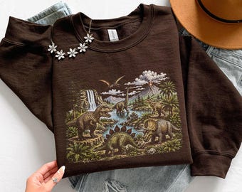 Vintage Dinosaur Sweatshirt, Jurassic T Rex Landscape Crewneck, Retro Prehistoric Nature Pullover, Dino Lover Sweater, Cozy Fall Gift