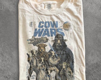 Funny Cow Wars Graphic Tee, Space Parody Sci Fi Cow Shirt, Retro Galaxy Humor Aesthetic Top, Comfort Colors® Funny Gift Tee