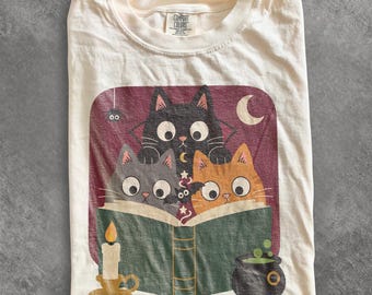 Vampire Black Cat Reading Shirt, Witchy Cat Lover Tee, Retro Spooky Season Graphic Tee, Halloween Cat Shirt, Comfort Colors® Halloween Gift