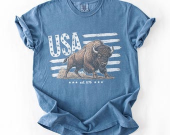 Vintage Bison USA Patriotic Graphic Shirt, 4th July 250th Year Freedom Buffalo Tee, Rustic America Style Top, Comfort Colors® USA Gift Tee