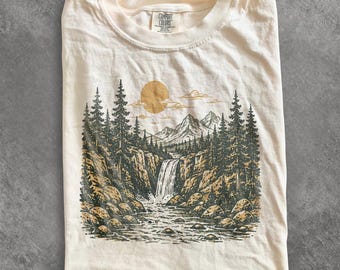 Vintage Mountain Waterfall Graphic Tee, Rustic Forest River Landscape Shirt, Outdoor Nature Adventure Top, Comfort Colors® Hiking Gift Tee