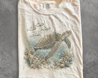 Sea Turtle Shirt, Marine Life Ocean Graphic Tee, Vintage Coastal Wildlife Nature Top, Comfort Colors® Turtle Lover Gift Tee