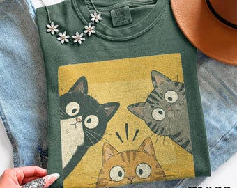 Vintage Funny Curious Cats Graphic Tee, Cute Cat Lover Shirt, Whimsical Retro Aesthetic Top, Comfort Colors® Feline Gift Tee