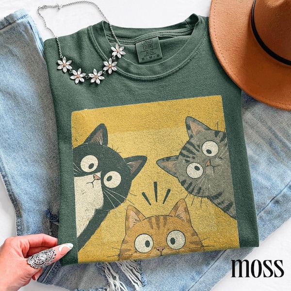 Vintage Funny Curious Cats Graphic Tee, Cute Cat Lover Shirt, Whimsical Retro Aesthetic Top, Comfort Colors® Feline Gift Tee