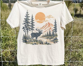 Vintage Moose Mountain Graphic Tee, Forest Wildlife Nature Landscape Shirt, Rustic Outdoor Adventure Top, Comfort Colors® Camping Gift Tee
