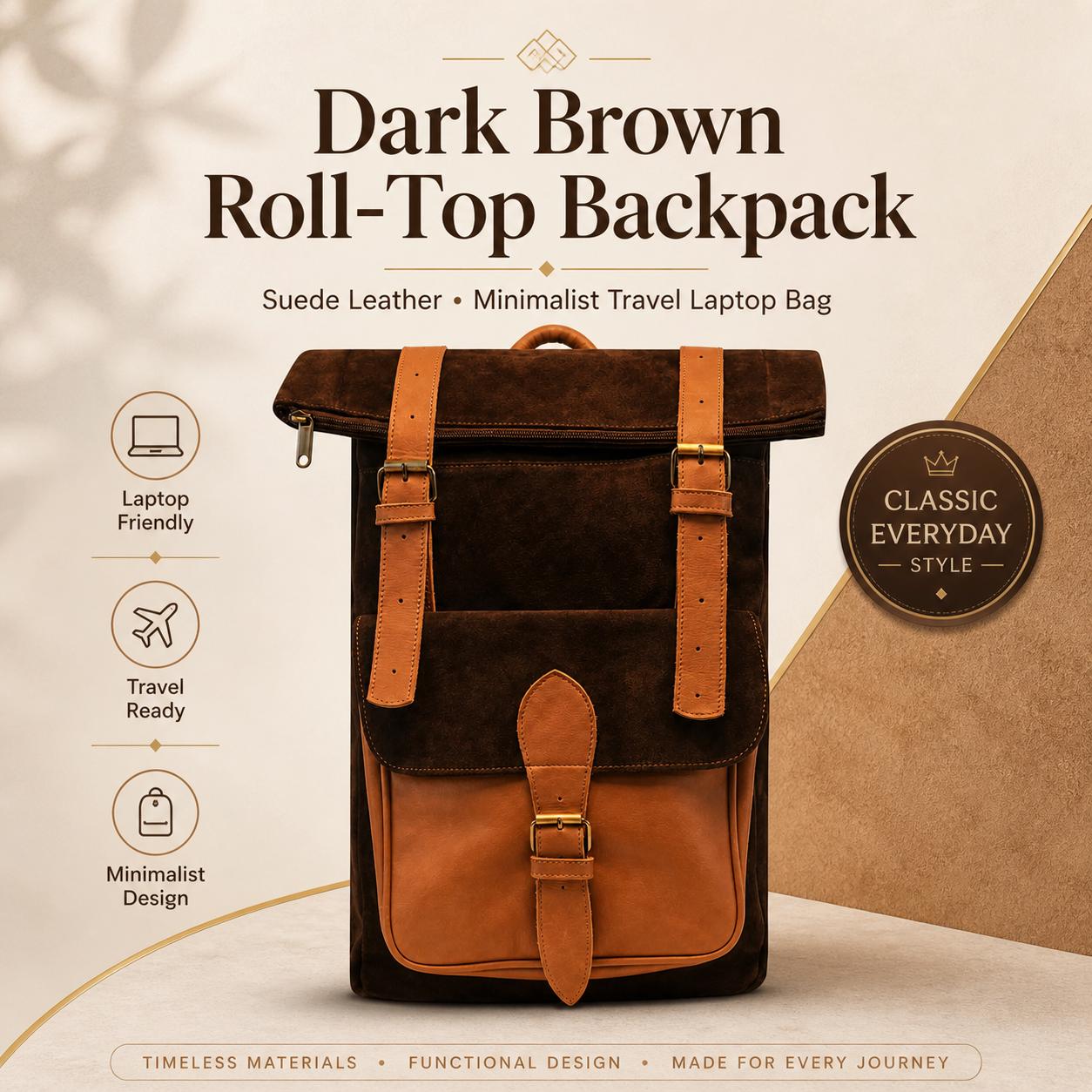 Vintage Genuine Leather Backpack for Women - Small Daypack with Roll-Top Closure Sandy Small Backpack with Rolltop Teenager Leather Daypack  main image 2