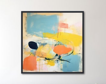 Abstract Canvas Painting - Large Minimal Wall Art - Framed Canvas Print - Modern Expressionist - Blue, Yellow, Peach - "COLOR CHAOS 1"