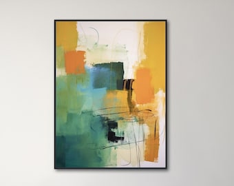 Abstract Expressionist Painting - Framed Canvas Print - Large Modern Wall Art - Teal, Green, Orange, Tan - Earth Tones - "WARM SEASON"