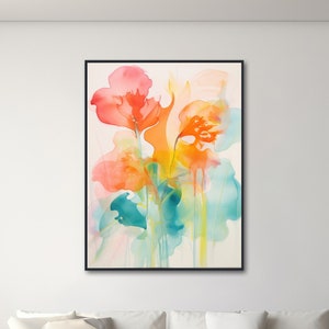 Large Floral Canvas Wall Art - Framed Canvas Print - Modern Abstract Floral Painting - Pink, Orange, Teal Flower Artwork - "SOFT BOUQUET"