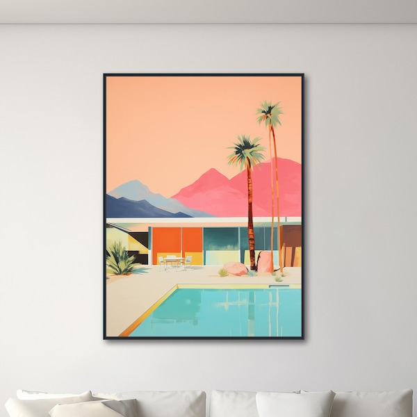 Arte arquitectónico de mediados de siglo - Impresión de lienzo enmarcado - Arte retro de Palm Springs - Pintura abstracta moderna de mediados de siglo - "Retiro de mediados de siglo"