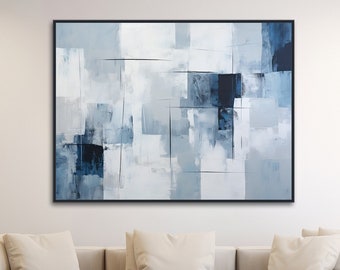 Large Abstract Canvas Wall Art - Framed Canvas Print - Modern Abstract Painting - Extra Large Light Blue, Dark Blue Artwork - "CLOUDY DAY"