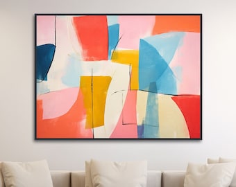 Large Minimal Pastel Painting - Modern Abstract Wall Art- Framed Canvas Print - Pink, Peach, Blue, Yellow - "COLOR BALLET 2"