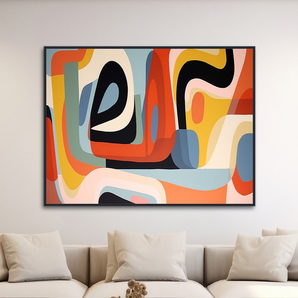 Mid-Century Modern Art – Geometrische Retro-Wandkunst – Gerahmter Leinwanddruck – Moderne abstrakte Malerei – Kräftige leuchtende Farben – „RETRO GROOVE“