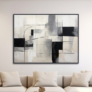 Grote geometrische canvas muurkunst - ingelijste canvas print - moderne abstracte schilderkunst - groot geometrisch kunstwerk - zwart-wit - 'LINKS DRAAIEN'