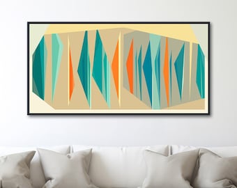 Large Mid-Century Canvas Wall Art - Framed Canvas Print - Geometric Abstract Panoramic Painting - Teal, Orange, Tan - "MULTIPLEX LIGHT"