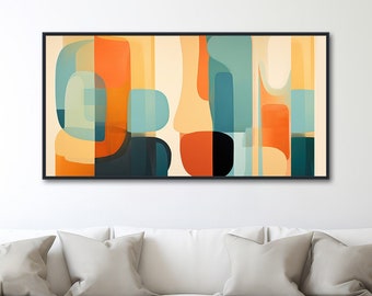 Large Mid-Century Modern Art - Retro Abstract Painting - Framed Canvas Print - Geometric Shapes - Orange, Teal, Beige -  "QUIET CONTOURS 2"