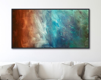 Large Abstract Canvas Wall Art - Framed Canvas Print - Modern Abstract Painting - Panoramic Artwork - Teal, Green, Rust - "REFLECTION"