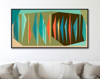Large Mid-Century Canvas Wall Art - Framed Canvas Print - Geometric Abstract Painting - Teal, Orange, Olive Green, Brown - "Multiplex Dark"
