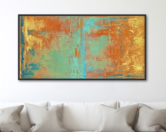 Large Wall Art Canvas Print Abstract Wall Art Orange Yellow Teal and Green Abstract Painting Extra Large Oversized Canvas Art - "Cabo"