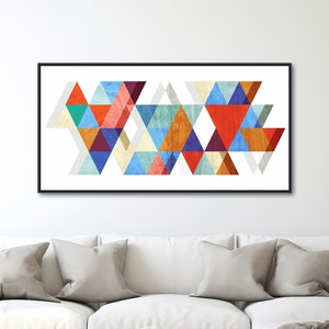 Large Mid-Century Canvas Wall Art - Framed Canvas Print - Geometric Abstract Panoramic Painting - Colorful Triangles - "STAGGER"