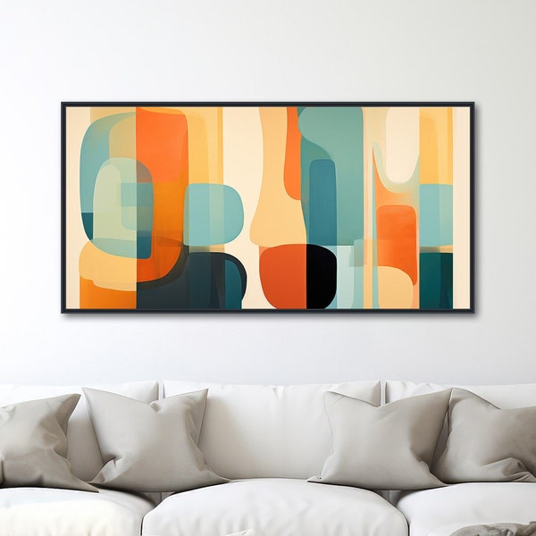 Grande oeuvre d'art moderne Mid-Century - Tableau abstrait rétro - Impression sur toile encadrée - Formes géométriques - Orange, bleu sarcelle, beige - « QUIET CONTOURS 2 »