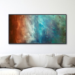 Large Abstract Canvas Wall Art - Framed Canvas Print - Modern Abstract Painting - Panoramic Artwork - Teal, Green, Rust - "REFLECTION"