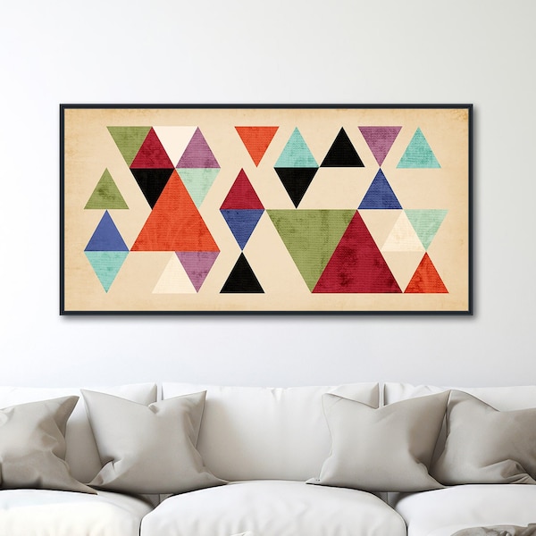 Large Mid-Century Canvas Wall Art - Framed Canvas Print - Geometric Abstract Panoramic Painting - Tan, Orange Triangles - "TANGENT"